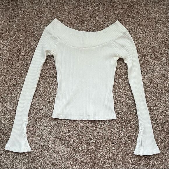 Silence + Noise Off Shoulder Ribbed Mini Bell Sleeve Cropped Fitted Sweater - Picture 1 of 12